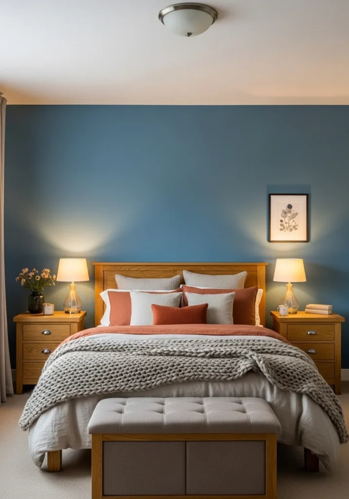 Blue accent wall paired with wood accents creating a warm and balanced bedroom look