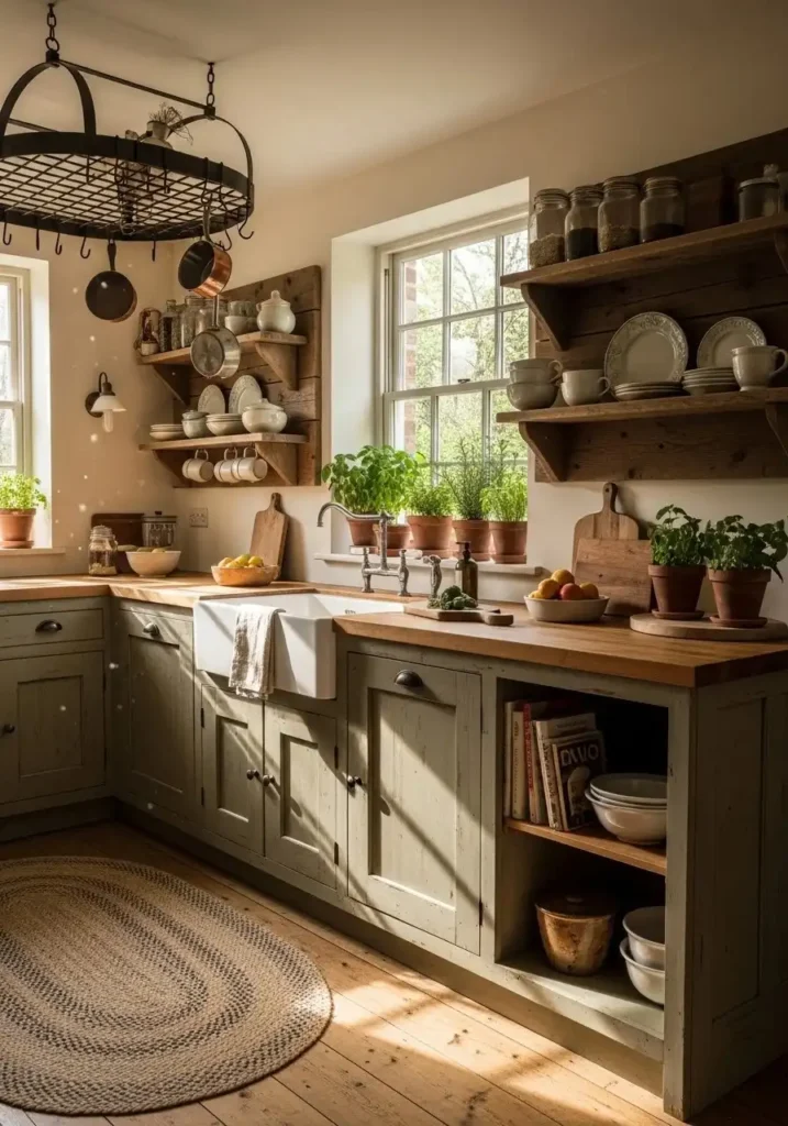 Rustic farmhouse kitchen with wooden cabinets and open shelves.