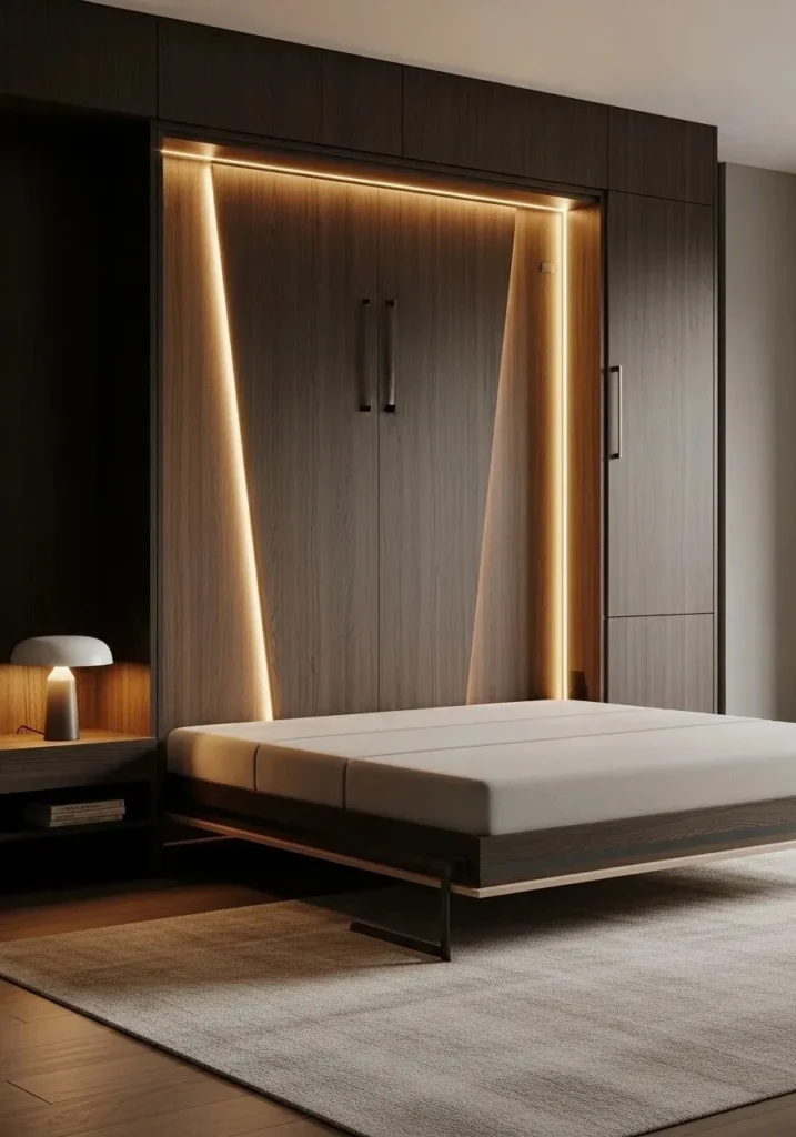 Modern Murphy bed with built-in LED lighting, creating a stylish and cozy ambiance.