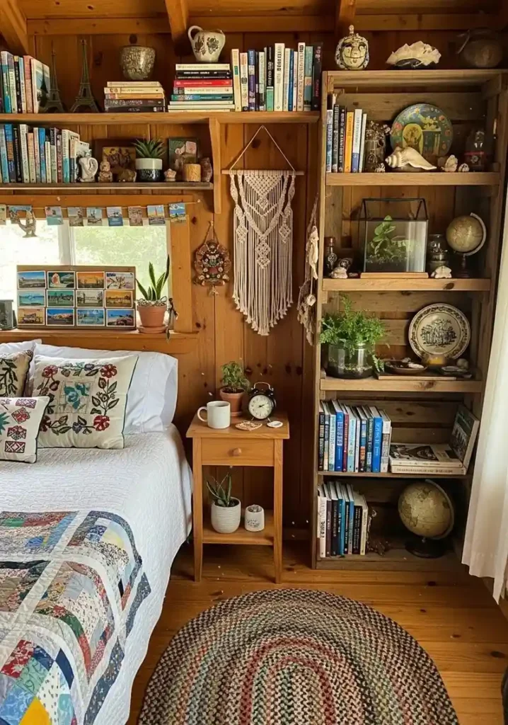 Personal items like books, handmade decor, and natural accents make a cabin bedroom feel lived-in and warm.