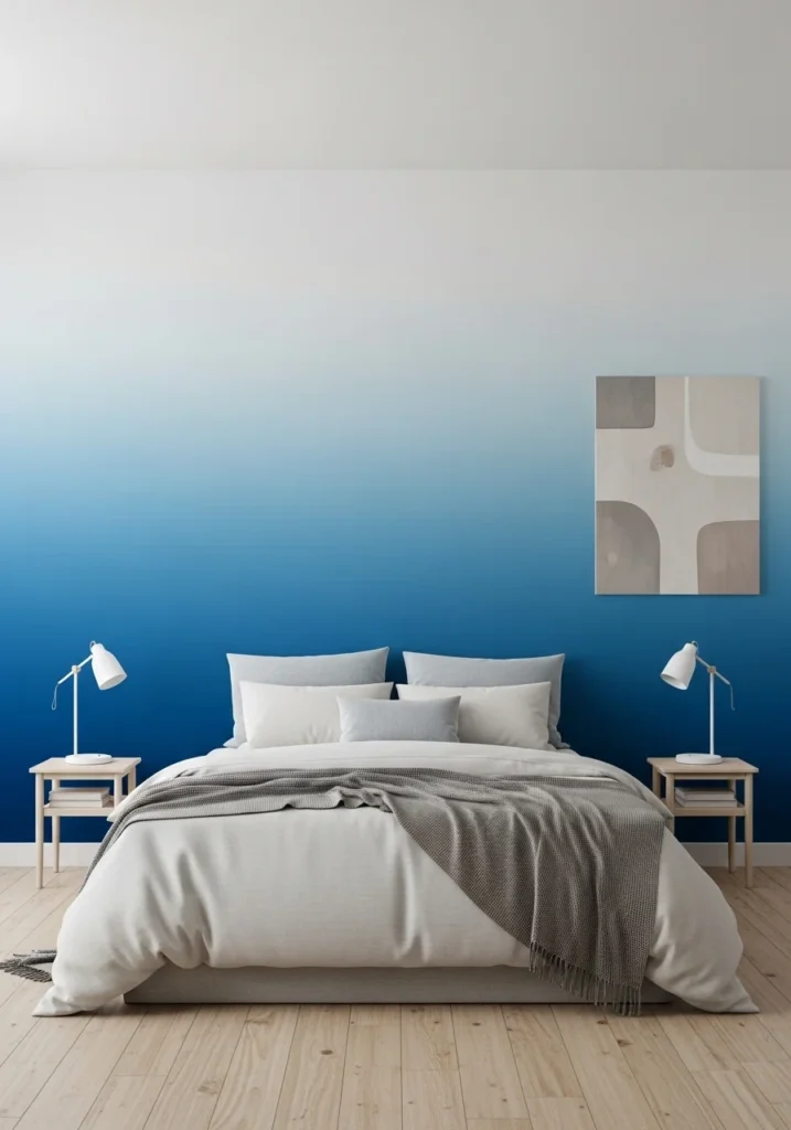 Blue ombre accent wall in bedroom creating a gradient effect with modern minimalist decor