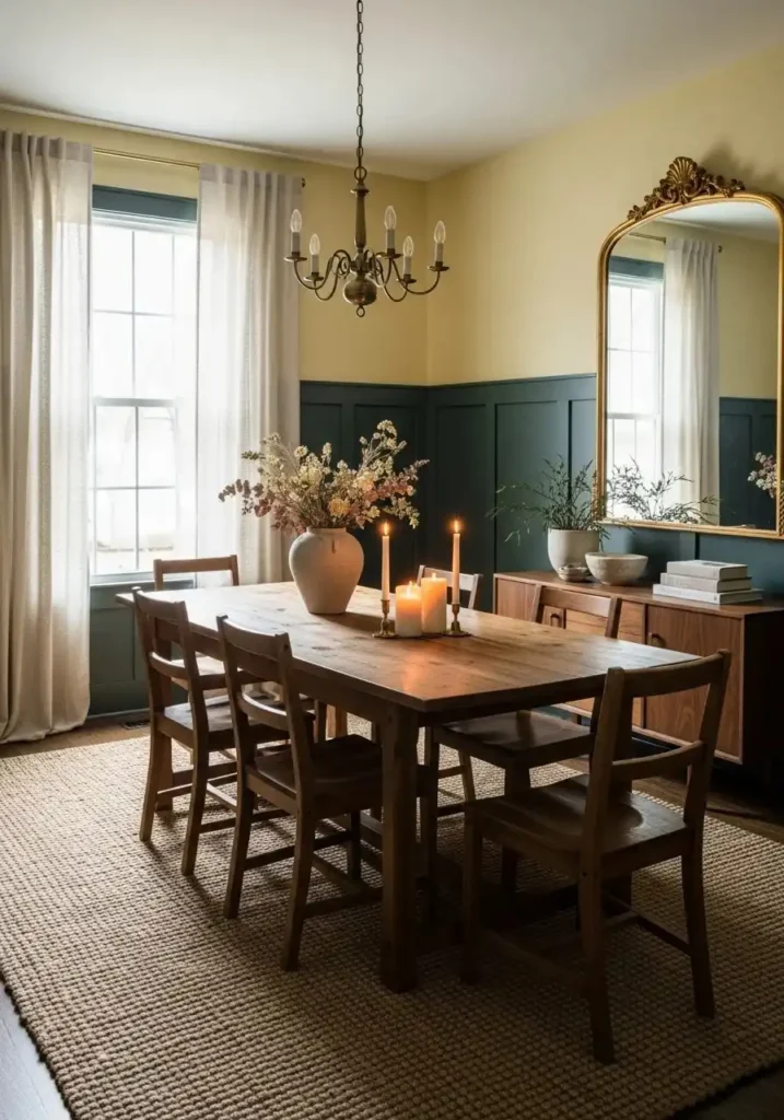 Two-tone green and yellow walls add depth and drama to a dining space.