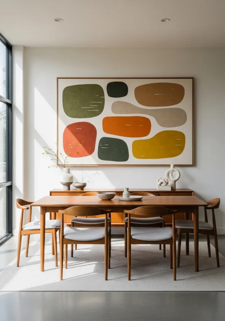 Mid century dining room with oversized abstract wall art