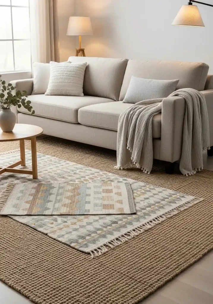 Beige couch styled with layered rugs to create depth and warmth in a cozy living room setup.