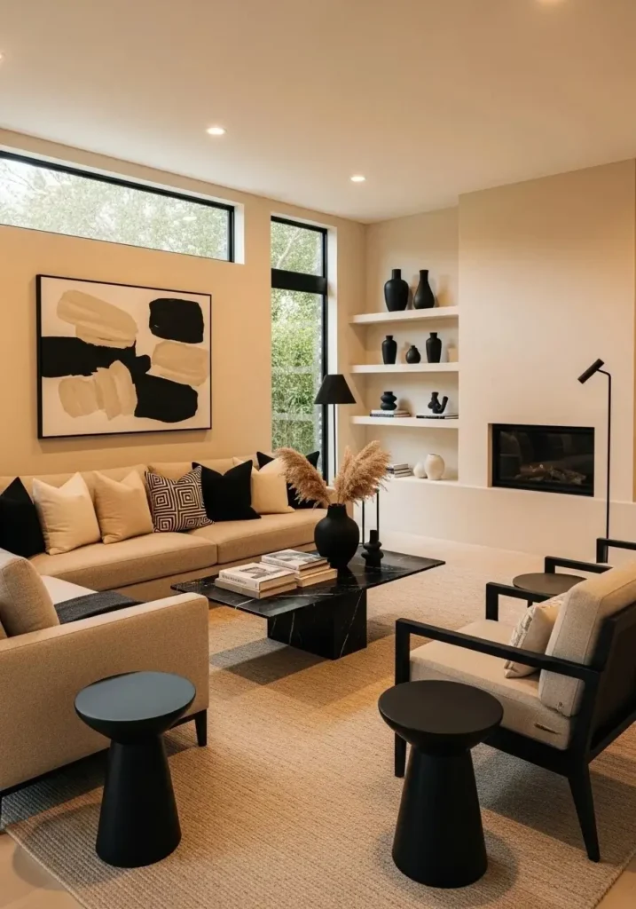 balanced beige and black living room design inspiration