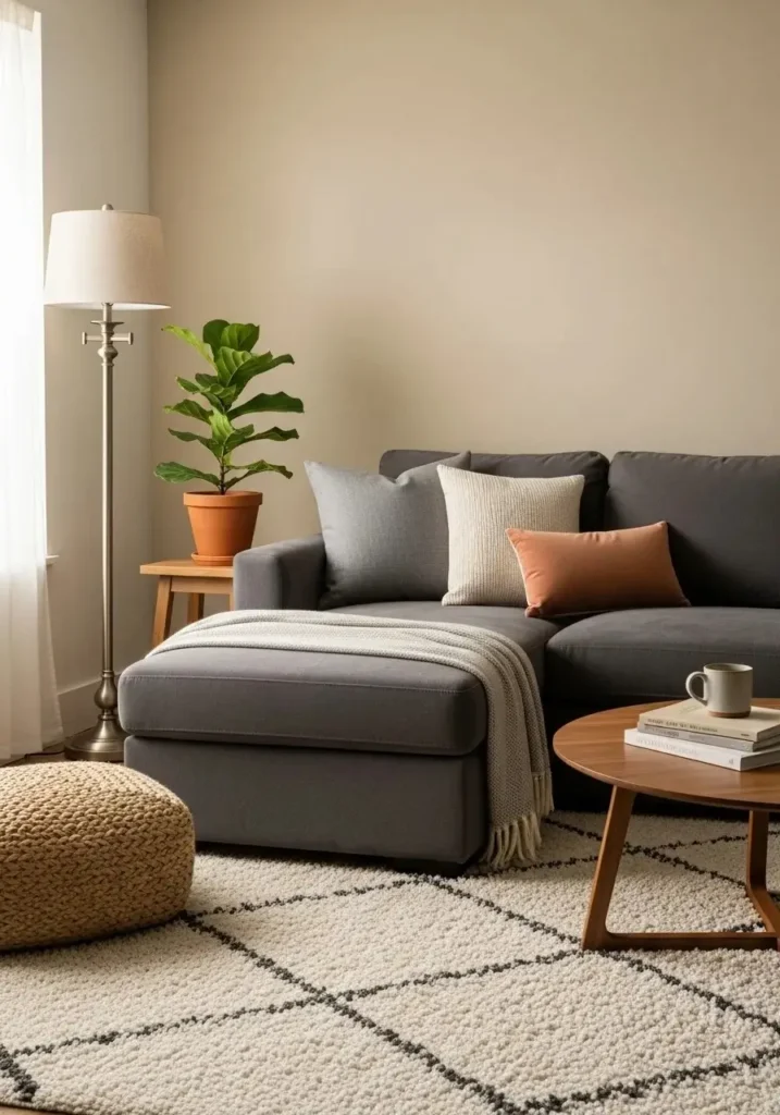 Cozy corner living room setup with charcoal couch and layered decor.