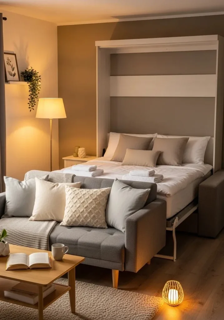 Murphy bed combined with a sofa in a living room, showing multifunctional space and cozy decor.