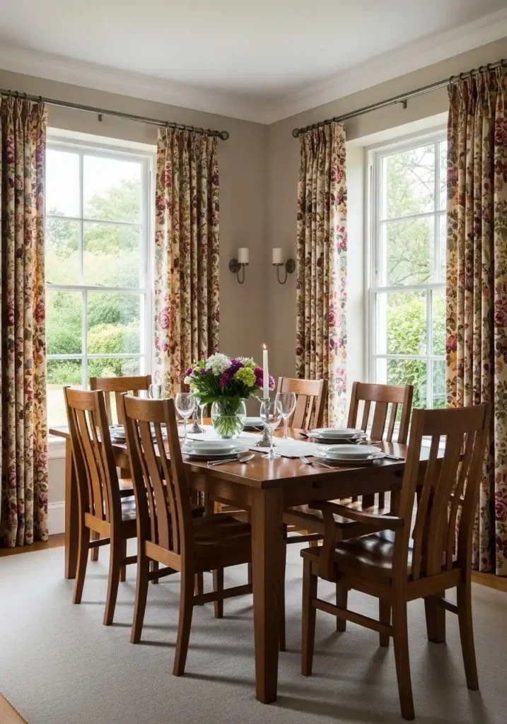 heerful floral curtains bring color, softness, and height to the dining room.