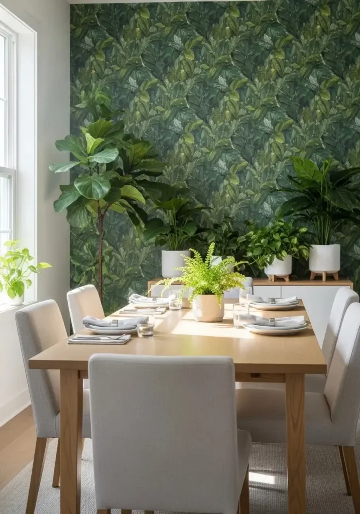 dining room with botanical wallpaper