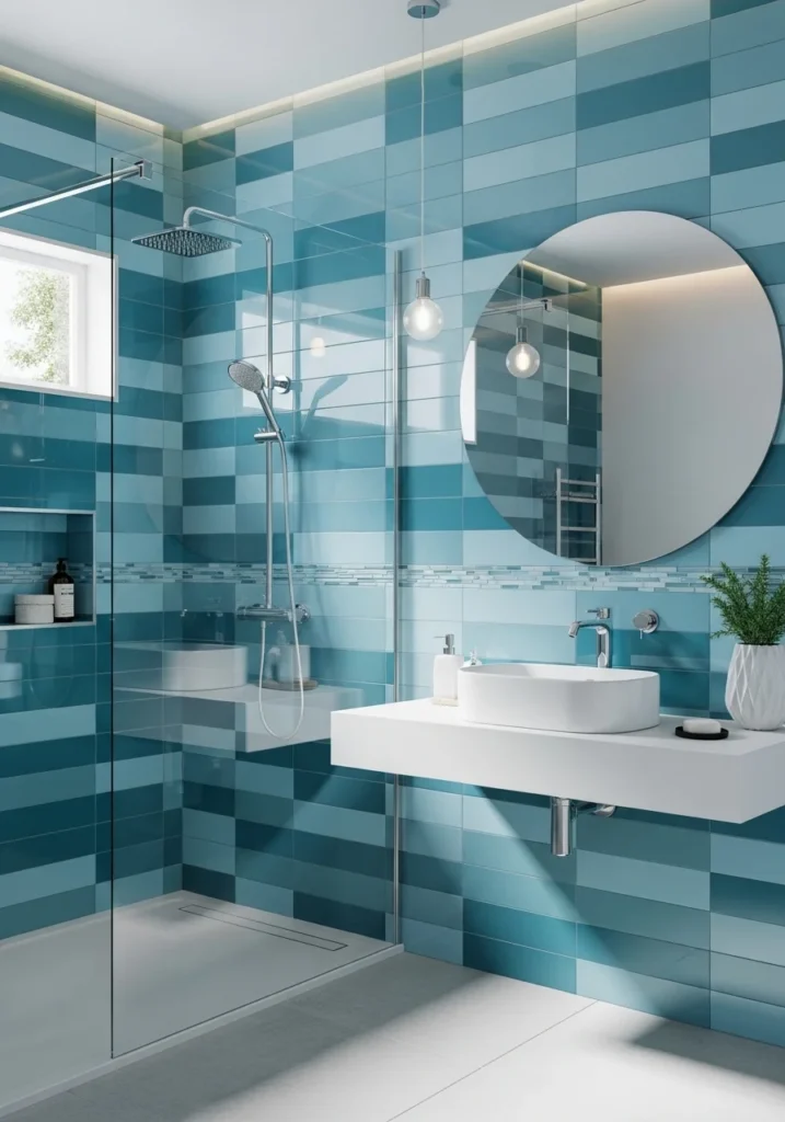 Blue and aqua tile accents adding ocean-inspired color to bathroom