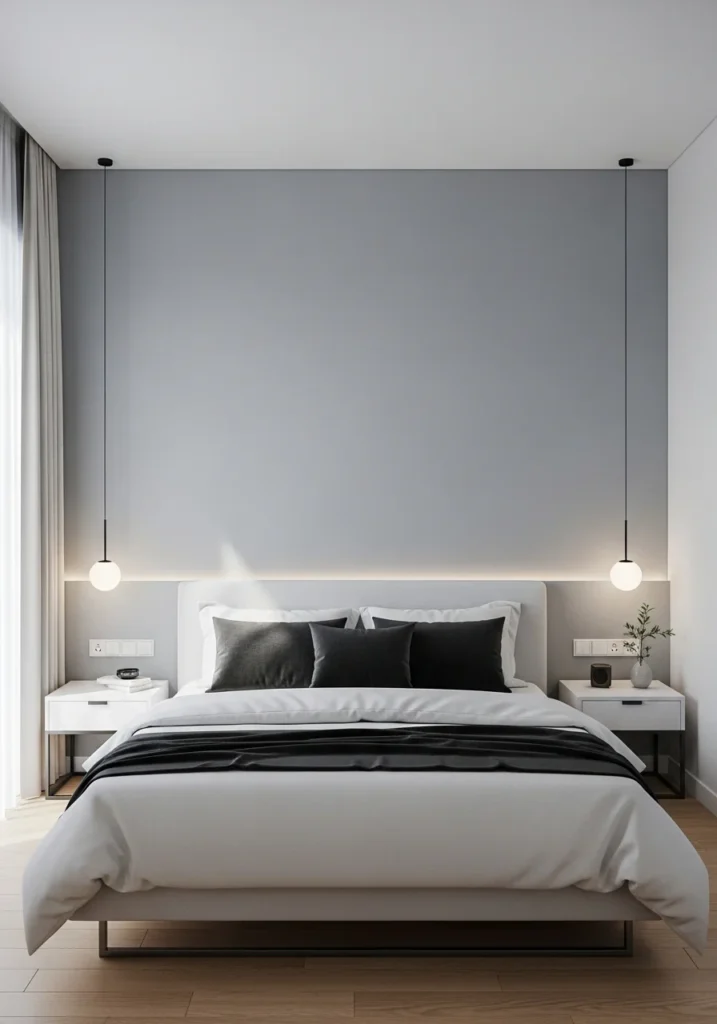 Minimalist gray accent wall creating a modern bedroom vibe.
