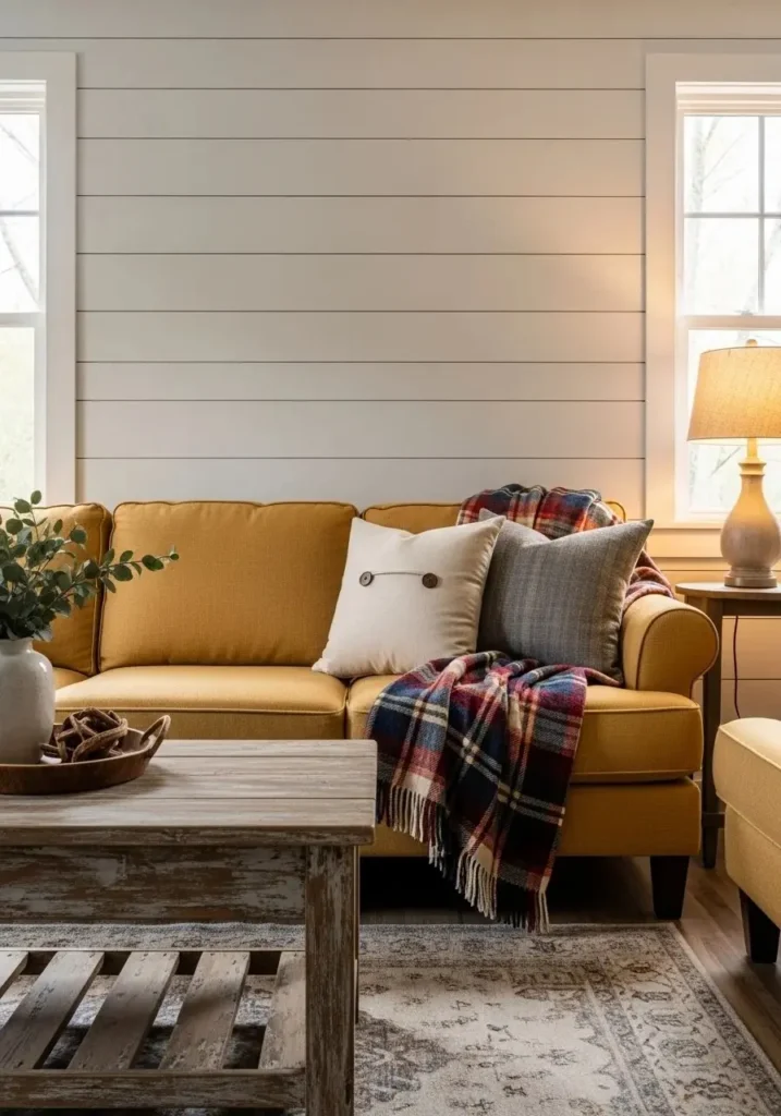 Farmhouse living room with yellow couch.