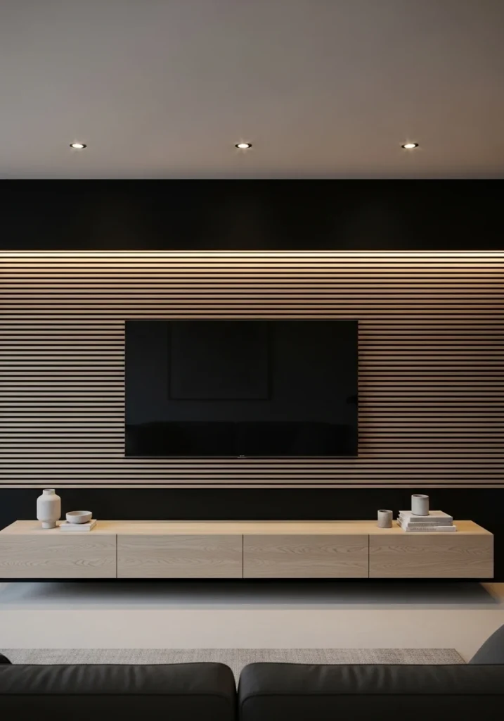 Black wall with wood slats framing TV.