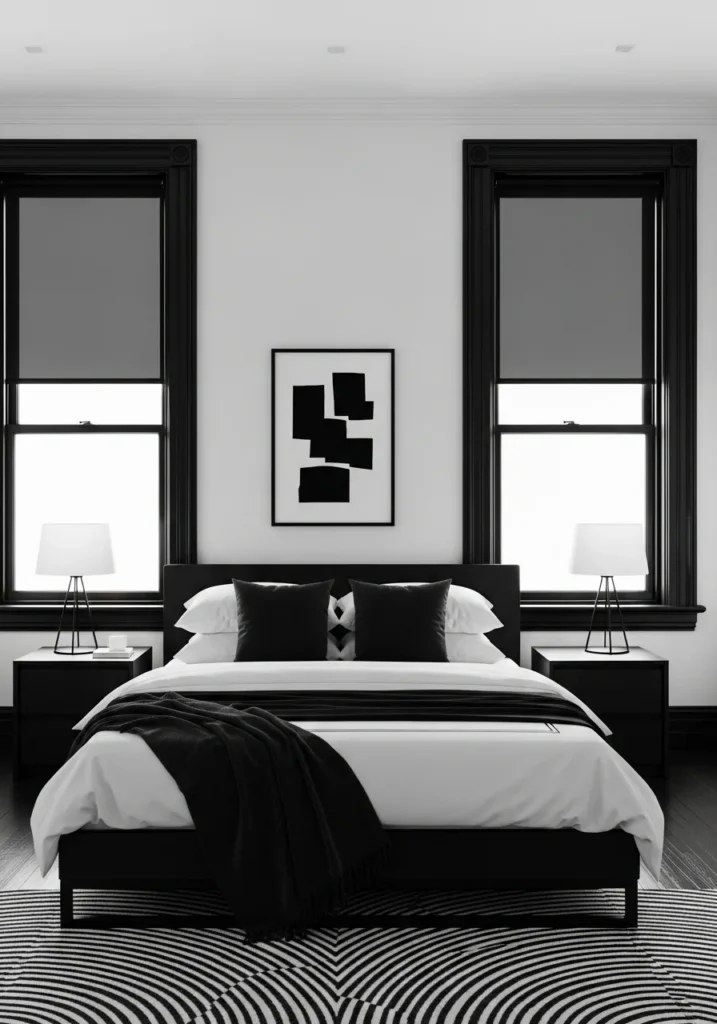 Bedroom with black trim and white walls.