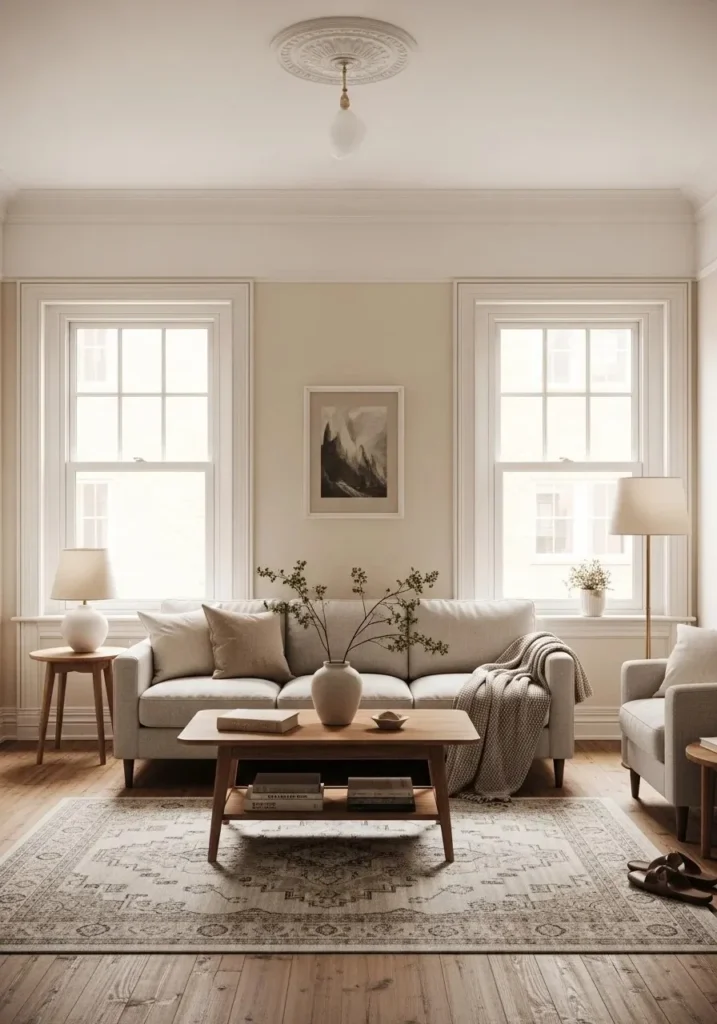 Vintage living room with soft neutral walls creating a calm and balanced base.