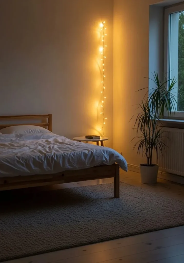 Minimal bedroom corner with simple fairy lights for cozy lighting