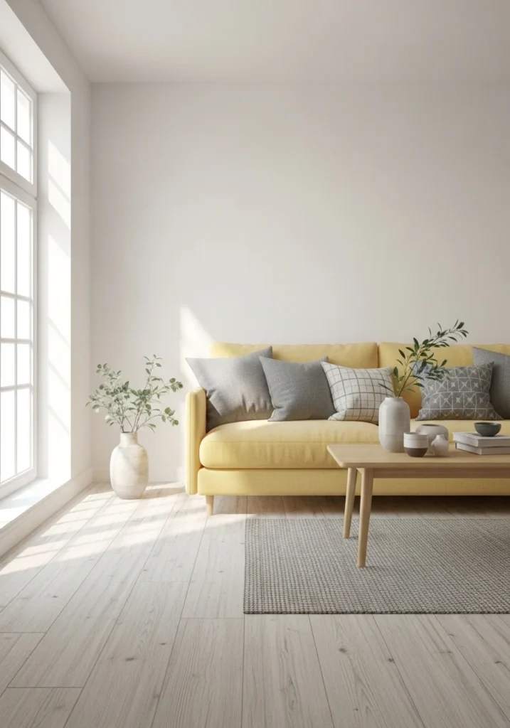 Scandinavian style with yellow couch.