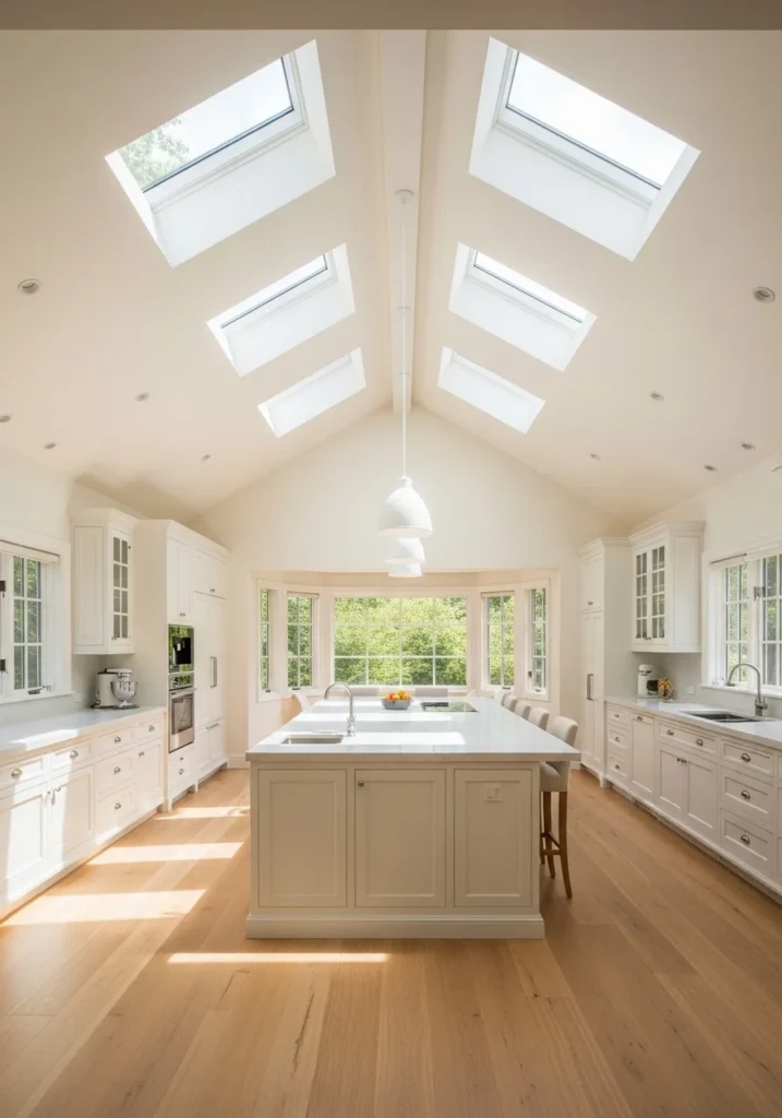 Vaulted kitchen ceiling with skylights enhancing natural light and openness.