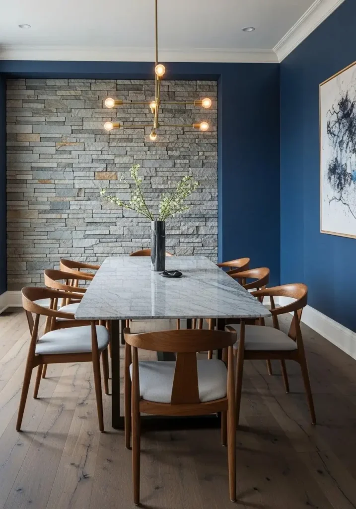 Sophisticated blue dining room with marble and stone elements, balancing cool tones with natural warmth