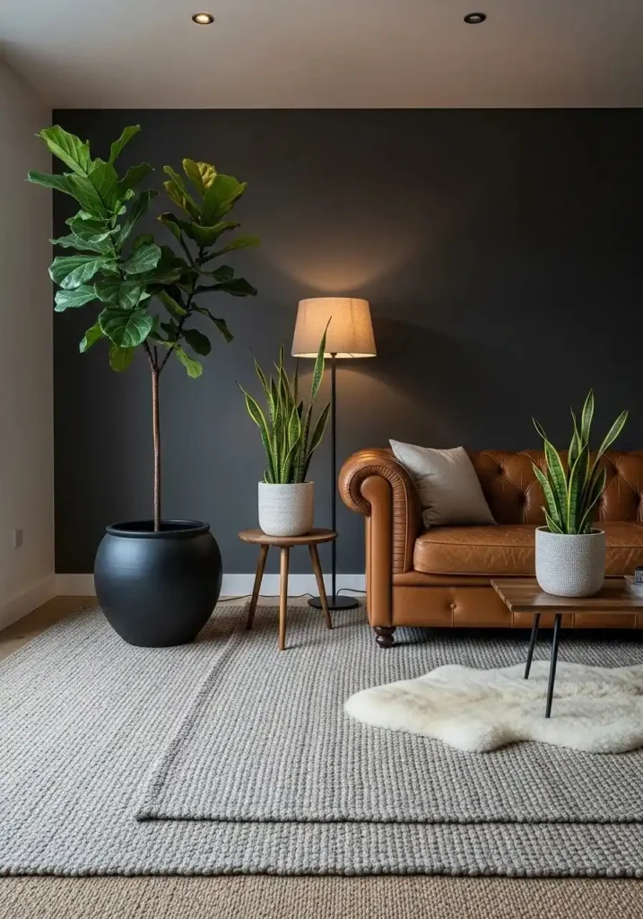 Moody dark academia living room with lush green plants and vintage decor.