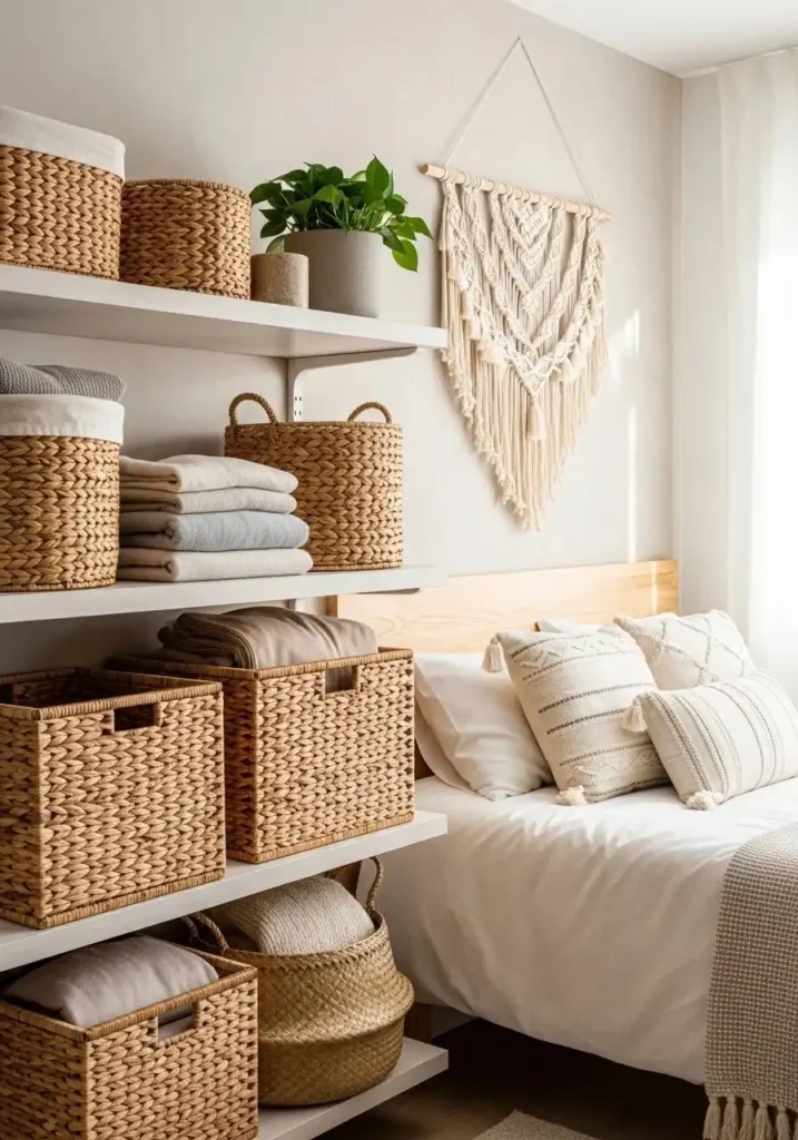 Storage baskets keeping clothes organized in a small bedroom.