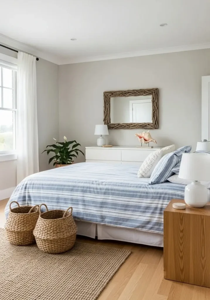 Coastal bedroom with subtle striped bedding in blue and white