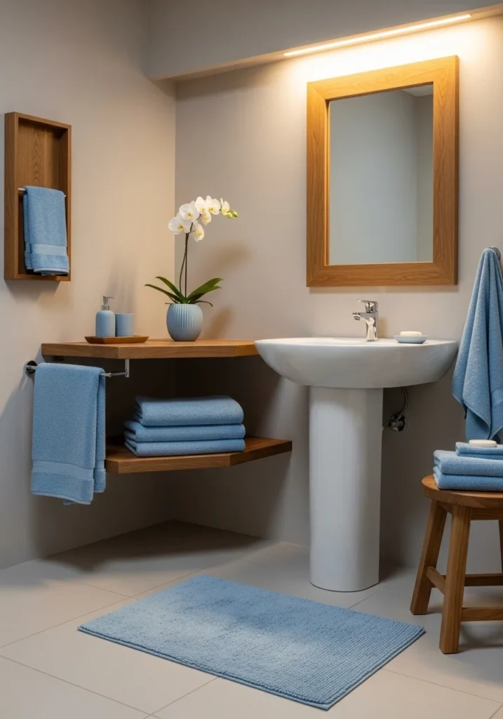 Soft blue bathroom accessories on neutral background.