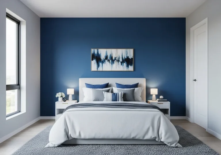 Beautiful blue accent wall bedroom look