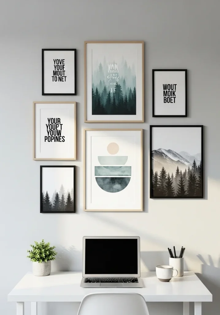 Home office wall decorated with inspiring artwork and quotes, adding personality and motivation.