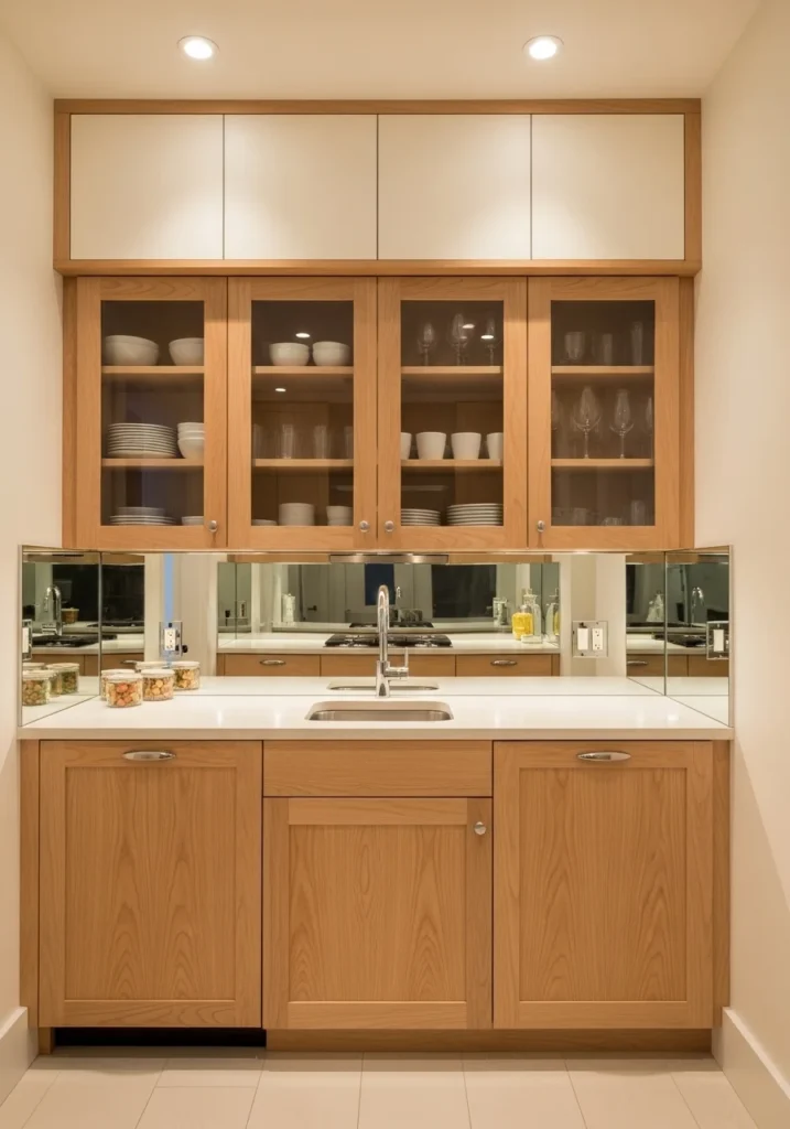 Small kitchen with hickory cabinets and light walls.