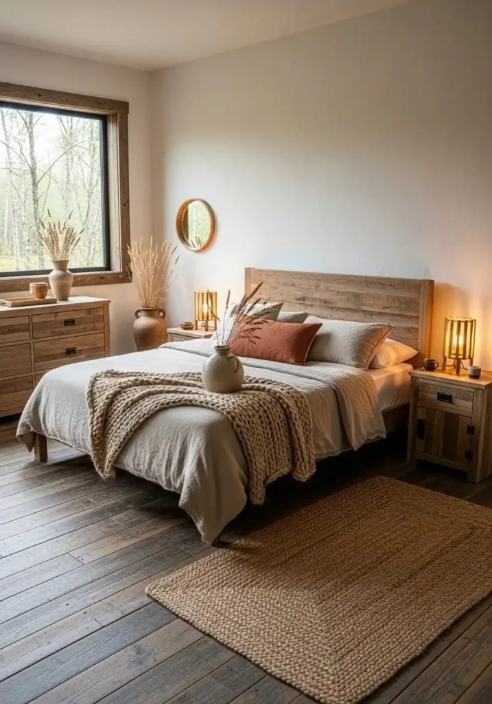 rustic bedroom with earth tone color palette