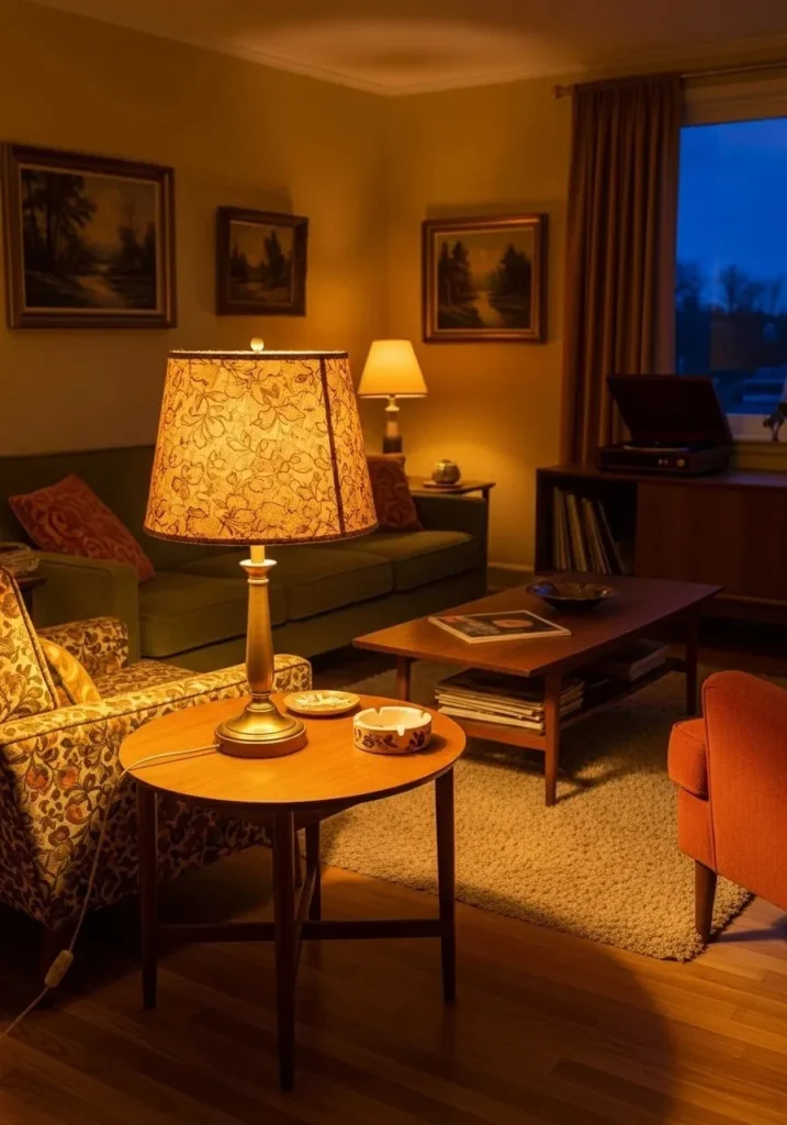 Vintage lamp with warm lighting in living room