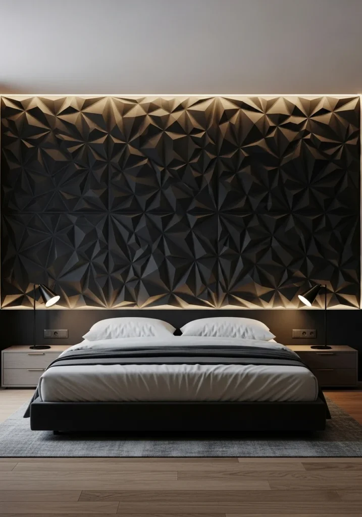 Textured black accent wall panels adding depth and modern style