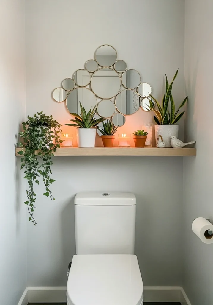 Bathroom shelf with mirrors and plants.