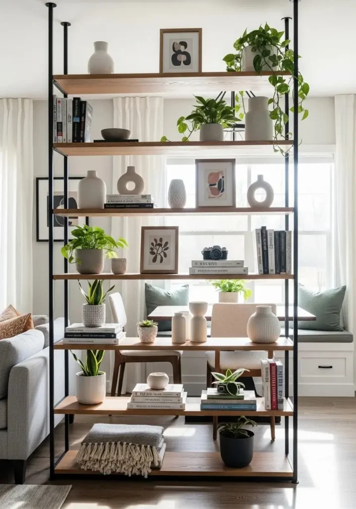 open shelving living room divider with decor and plants
