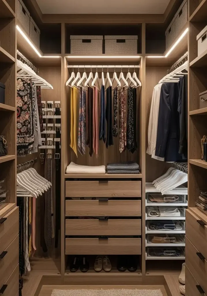 Small closet with fold-down desk and pull-out shelves, compact workspace, organized and tidy