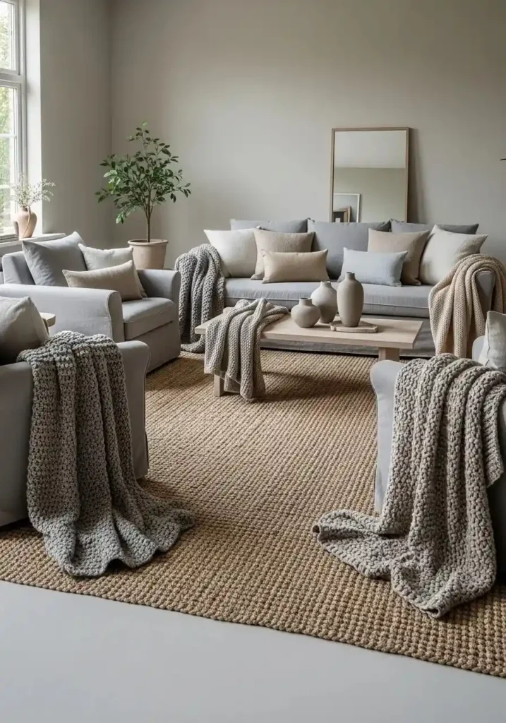 Neutral living room with layered textures in gray and beige tones