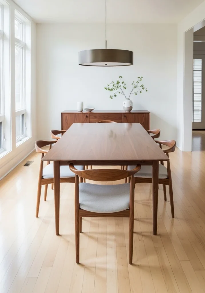 Mid century dining chairs with tapered legs and curved backs in a bright space