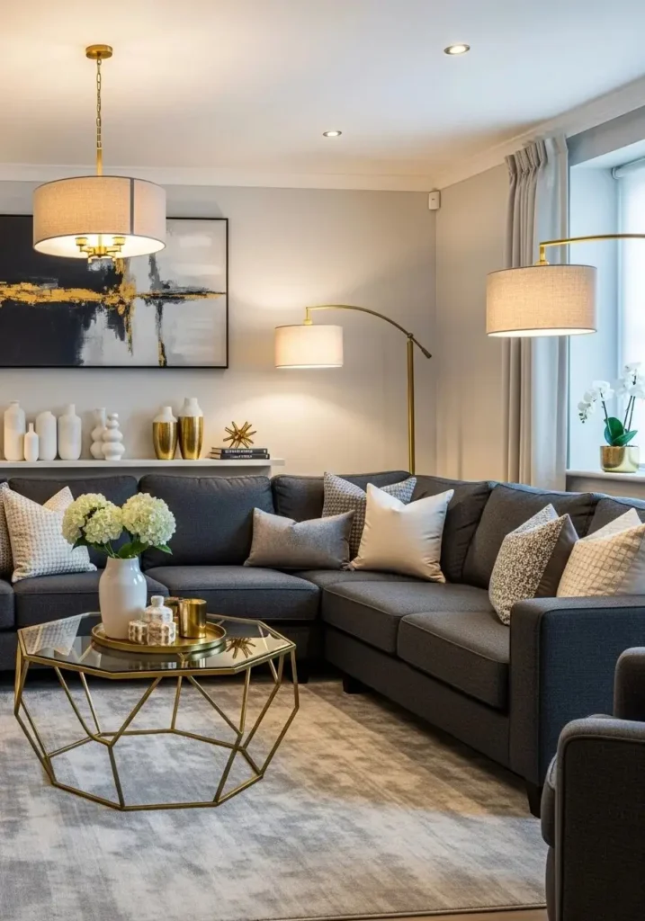 Charcoal couch styled with metallic accents for a modern touch.