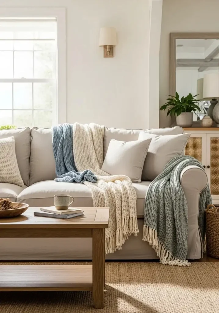Slipcovered sofa in a cottage living room with layered throws and cozy cushions.