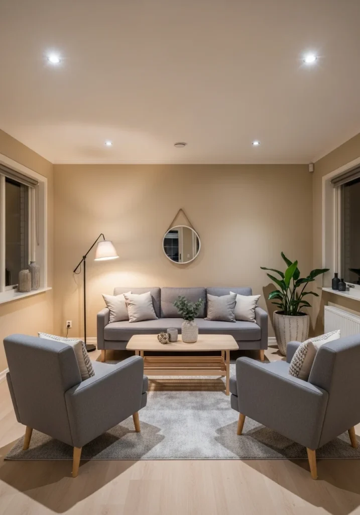 Beige walls paired with gray furniture in a calm living room