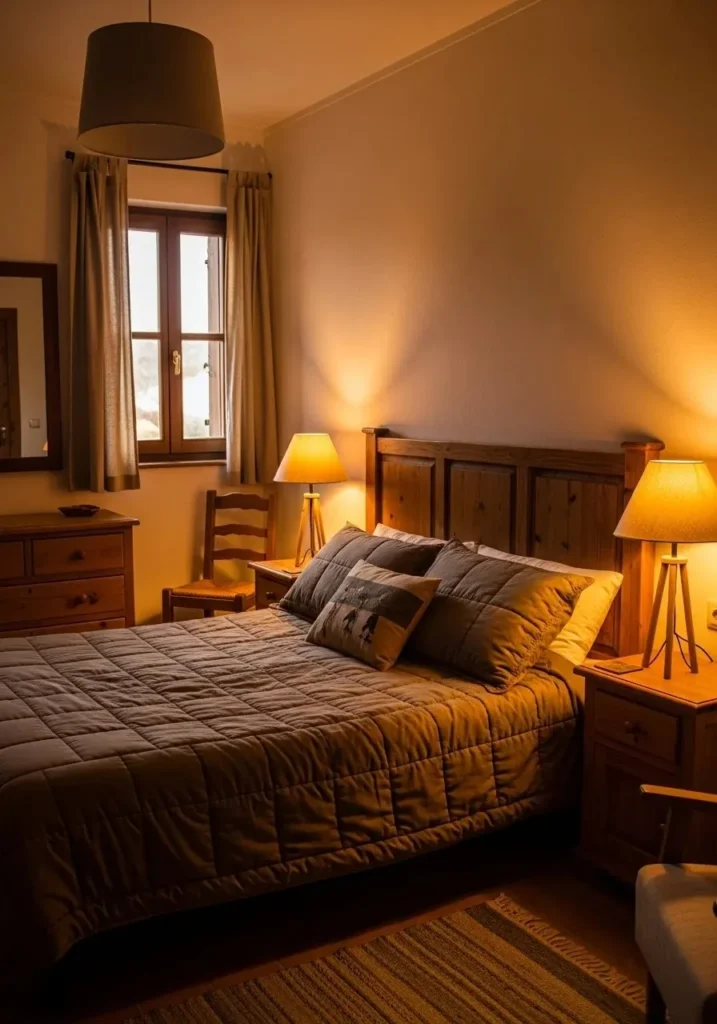 rustic bedroom with warm ambient lighting