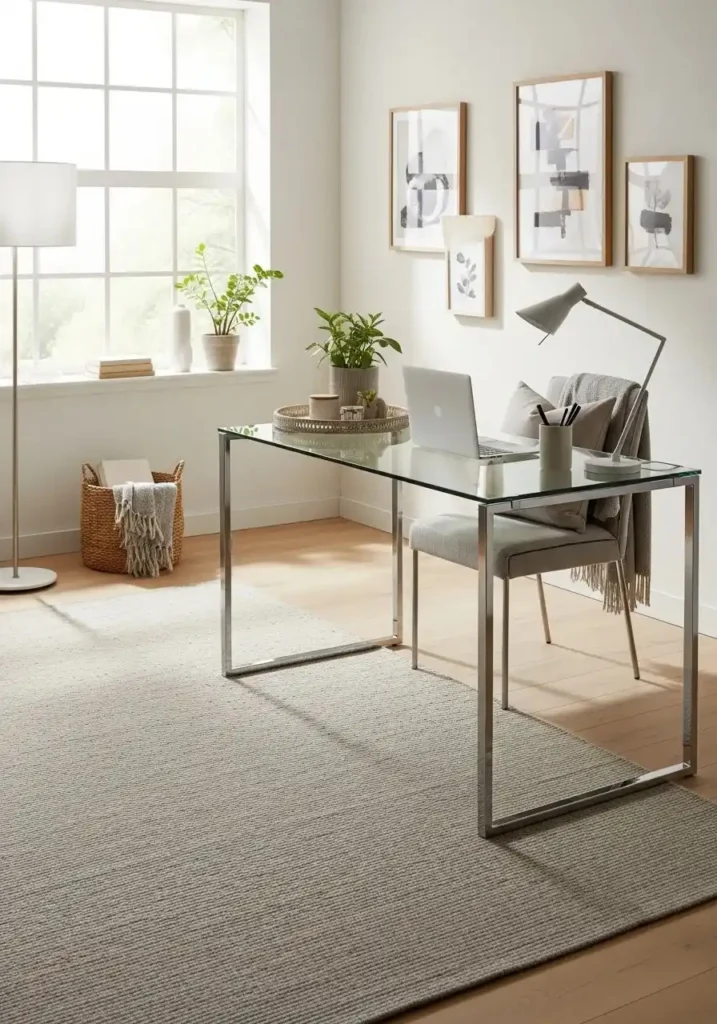 Glass-top desk in a bright living room with metal legs and minimalist decor.