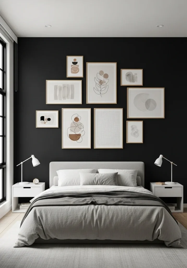 Black accent wall with artwork gallery creating a bold focal point