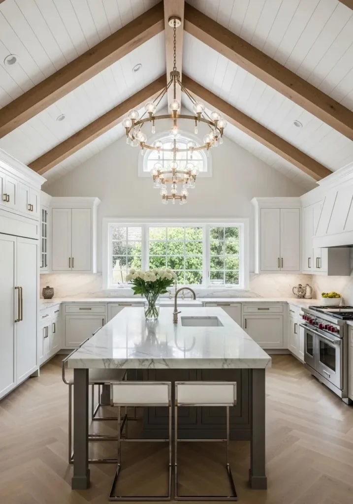 vaulted ceiling kitchen with modern chandelier