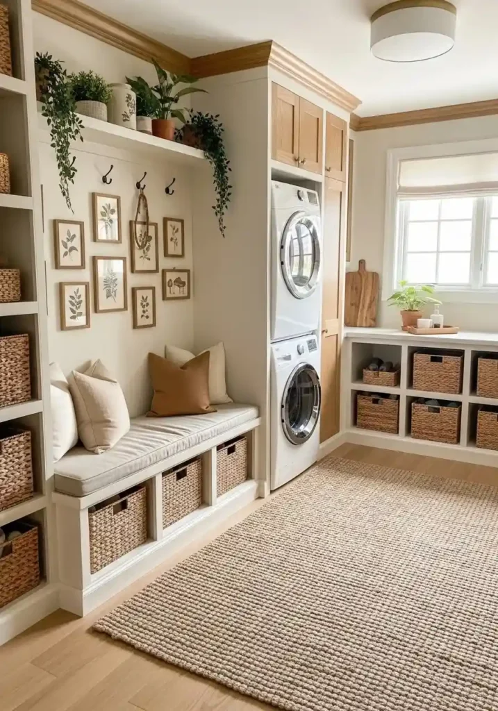 Simple decorative touches in a mud room laundry room combo making it cozy and functional.