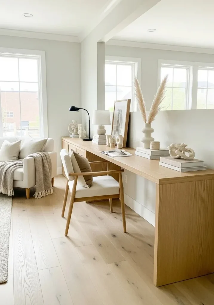 Desk used as a divider to separate living and dining areas.