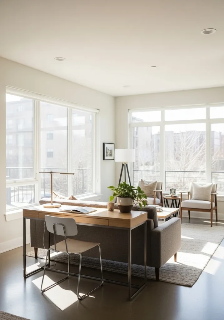 Desk behind sofa creating a work area without blocking living space.