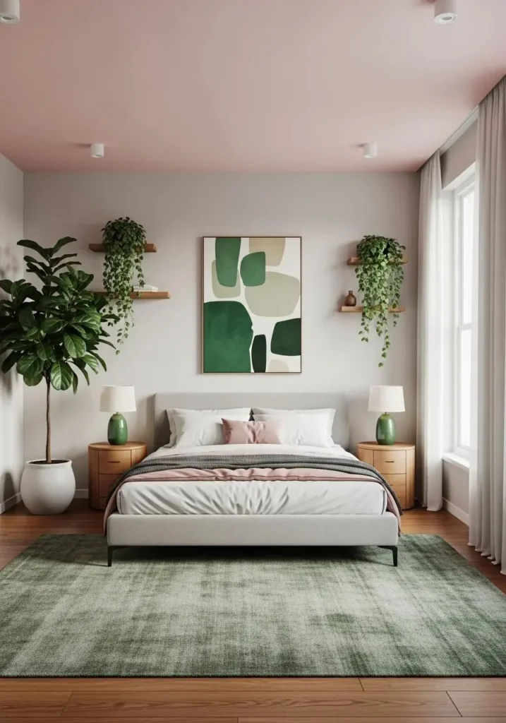 pink ceiling with green decor bedroom design