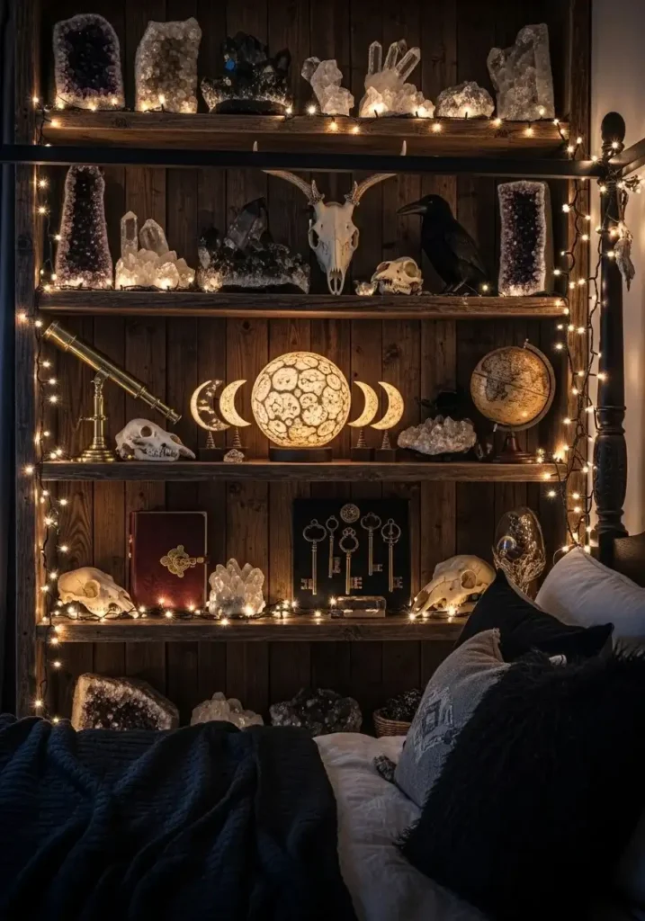 Whimsigoth decor accents including crystals, skulls, and mystical objects on shelves.